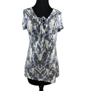 Kristin Nicole Women's M Tie-Dye Knit Top Short Sleeves Lace-Up  Blue & White